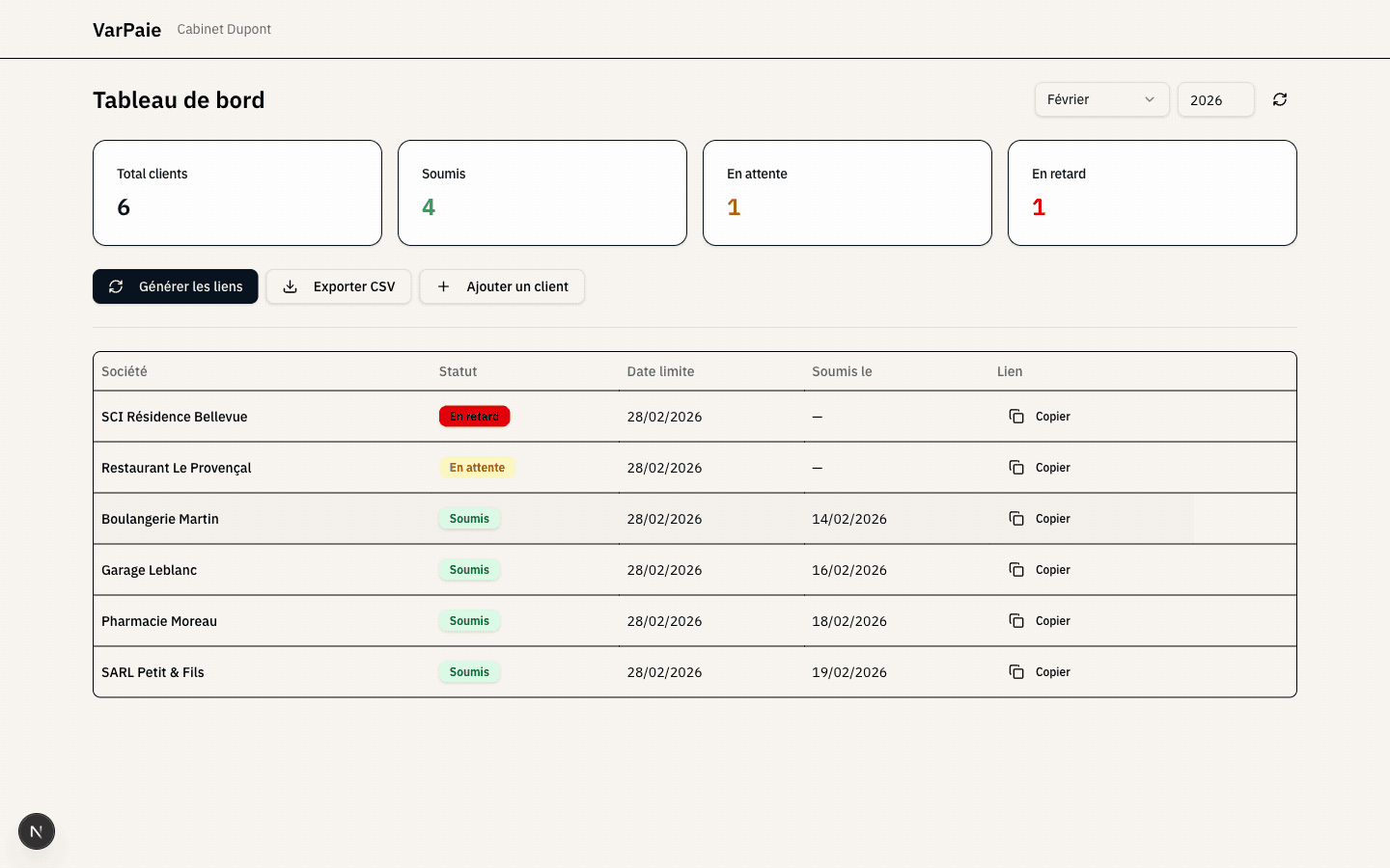 Tableau de bord Flocompta — suivi des soumissions de variables de paie