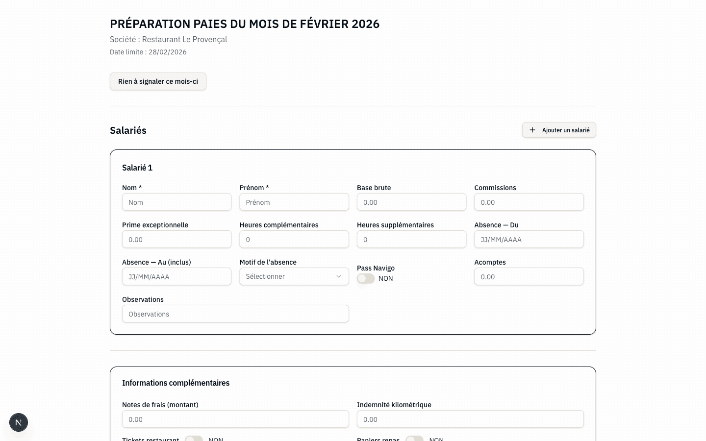 Formulaire de saisie des variables de paie côté client